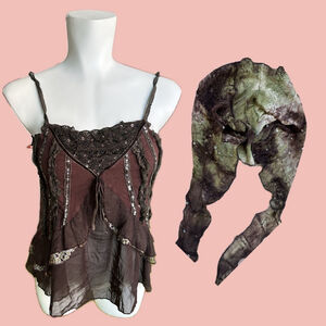 Y2K Sheer Embellished Top + Stretchy Bandana Set – Boho Beaded